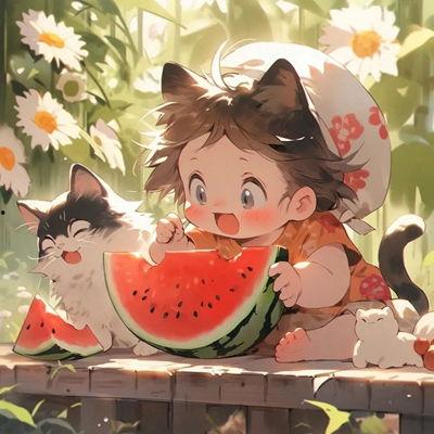 动漫头像小孩吃瓜视频素材,动漫头像下的童年美味时光